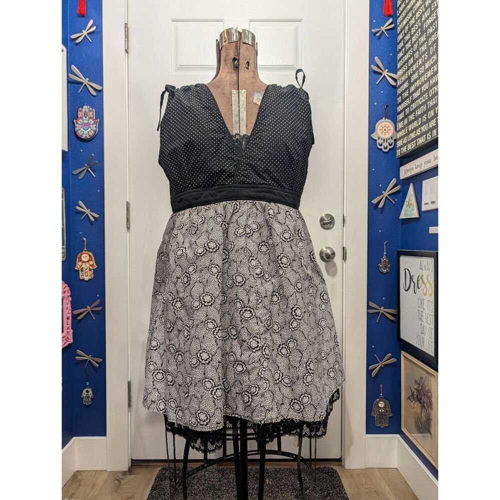 Custom Rockabilly Fit & Flare Dress Black White Polka Dot Floral Swing Dress XL